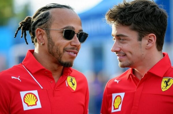 Leclerc en Hamilton Ferrari